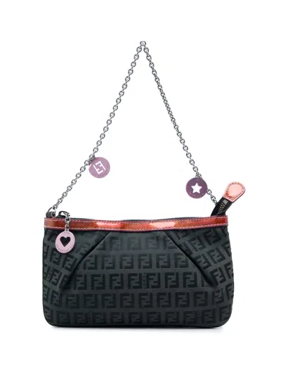 Pre-owned Fendi 2010-2026 Zucchino Canvas Chain Pochette Shoulder Bag In Black