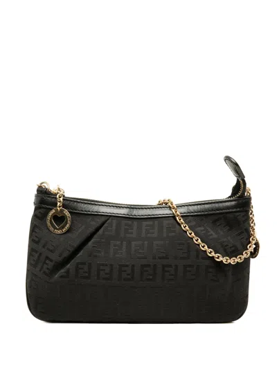 Pre-owned Fendi 2010-2026 Zucchino Canvas Chain Pochette Shoulder Bag In Grey