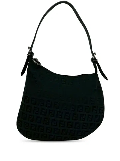 Pre-owned Fendi 2010-2026 Zucchino Canvas Oyster Shoulder Bag In Black