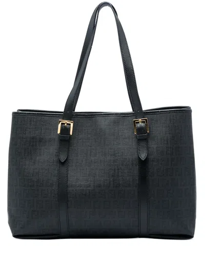 Pre-owned Fendi 2010-2026 Zucchino Coated Canvas Tote Bag In Black