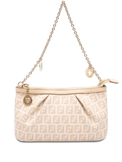 Pre-owned Fendi 2010-2026 Zucchino Spalmati Chain Pochette Shoulder Bag In Brown