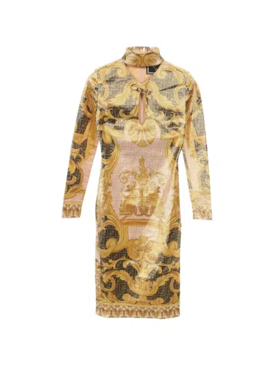 Pre-owned Fendi 2010s Fendace Baroque-print Dress In Gold