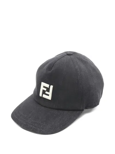 Pre-owned Fendi 2010s Fflogo Embroidery Denim Baseball Hat In Gray