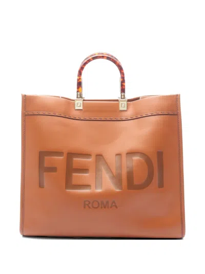 Pre-owned Fendi 2010s Large Sunshine Logo-embossed Leather Tote Bag In Brown