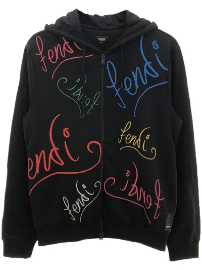 Pre-owned Fendi 2010s Logo-embroidered Hoodie In Black