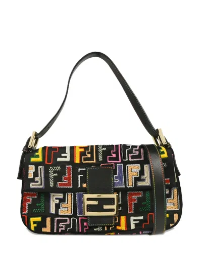 Pre-owned Fendi 2010s Zucca Embroidered Baguette Shulder Bag In Black