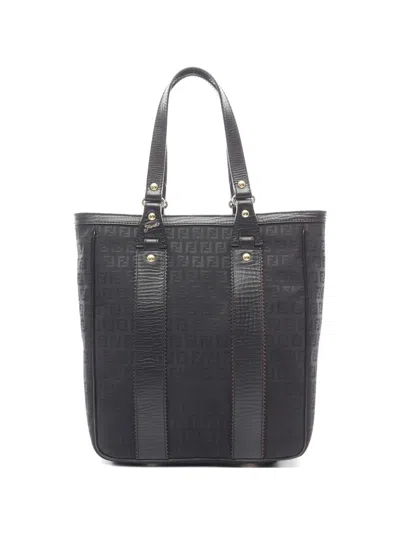 Pre-owned Fendi 2010s Zucchino Leather-trim Tote Bag In Black