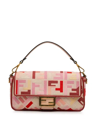 Pre-owned Fendi 2012-2013 Zucca Embroidered Baguette Satchel In Pink