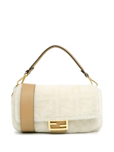 Pre-owned Fendi 2012-2024 Small Zucca Shearling Baguette Satchel In White