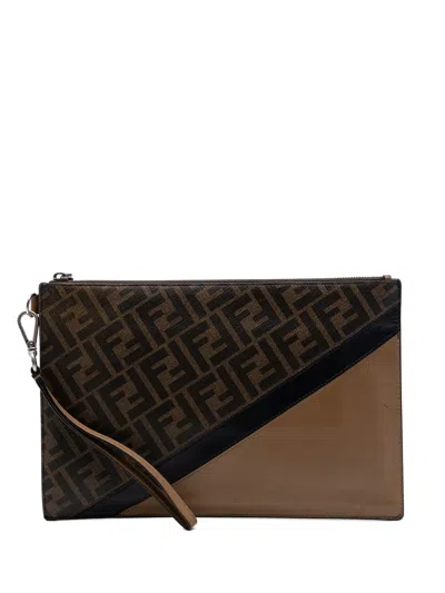 Pre-owned Fendi 2012-2026 Ff 1974 Coated Canvas And Leather Diagonal Clutch Bag In Brown