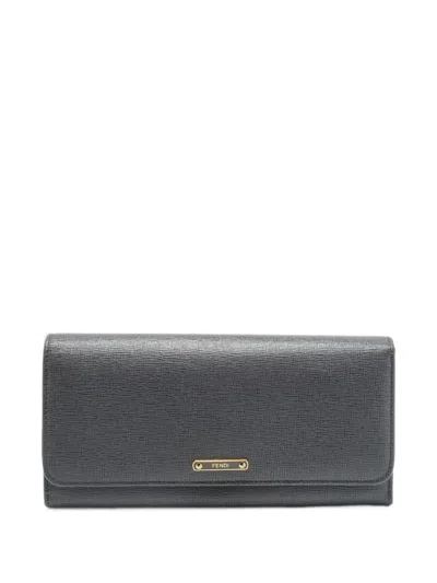 Pre-owned Fendi 2013 Crosshatch-leather Flap Wallet In Grey