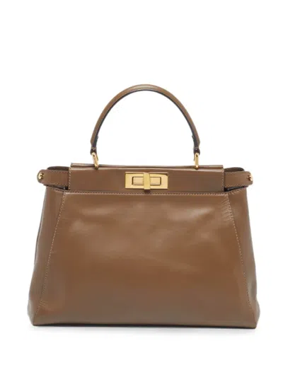 Pre-owned Fendi 2014 Peekaboo Leather Tote Bag In Brown