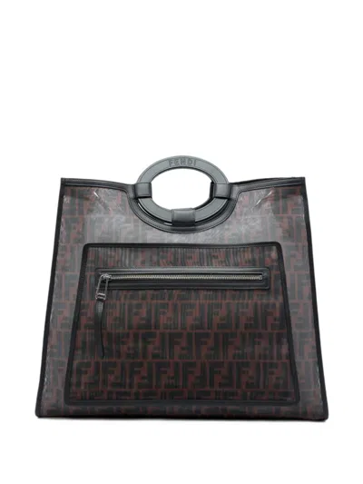 Pre-owned Fendi 2016-2026 Large Ff 1974 Mesh Runaway Shopper Tote Satchel In Brown