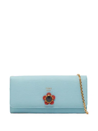 Pre-owned Fendi 2017 Flowerland Leather Wallet In Blue