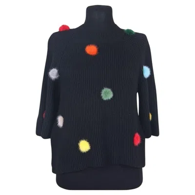 Pre-owned Fendi 2017 Fur-pompom High-neck Cashmere Sweater In Black