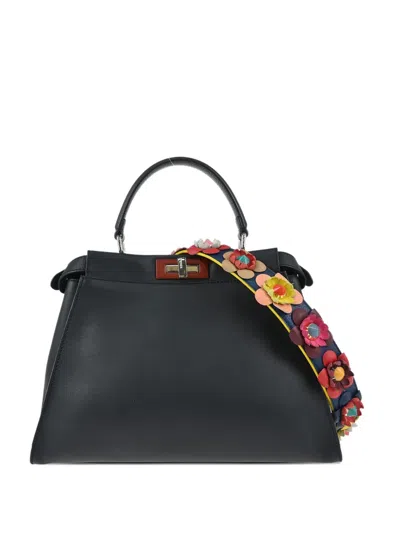 Pre-owned Fendi 2017 Peekaboo Flower-applique Tote Bag In Black