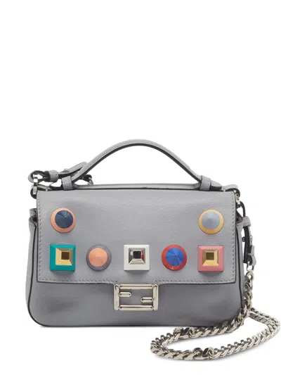 Pre-owned Fendi 2017 Studded Double Baguette Shoulder Mini Bag In Grey