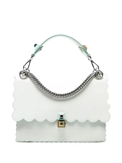 Pre-owned Fendi 2018-2025 Medium Scalloped Leather Studded Kan I Satchel Crossbody Bag In White