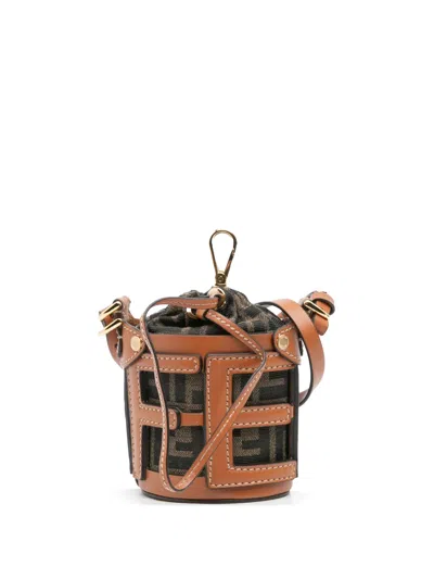 Pre-owned Fendi 2018-2025 Nano Zucca Canvas And Leather Step Out Bag Bucket Bag In Brown