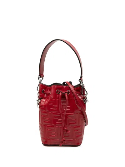 Pre-owned Fendi 2018 Mini Zucca Embossed Leather Mon Tresor Bucket Bag Satchel In Red
