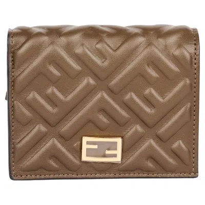 Pre-owned Fendi 2018 Olive Nappa Leather Small Wallet Gold Hardware In Brown