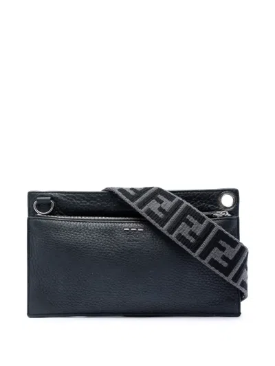 Pre-owned Fendi 2018-2026 Calfskin Ff 1974 Flat Pouch Crossbody Bag In Black