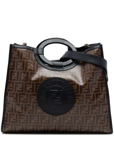 Pre-owned Fendi 2018-2026 Medium Glazed Fabric Ff 1974 Runaway Shopper Satchel In Brown