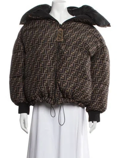 Pre-owned Fendi 2019 Patterned Down Jacket In Brown