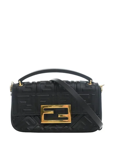 Pre-owned Fendi 2020-2024 Zucca Embossed Leather Baguette Phone Pouch Satchel In Black