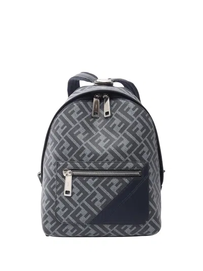 Pre-owned Fendi 2020-2026 Small Zucca Coated Canvas Chiodo Diagonal Backpack In Blue
