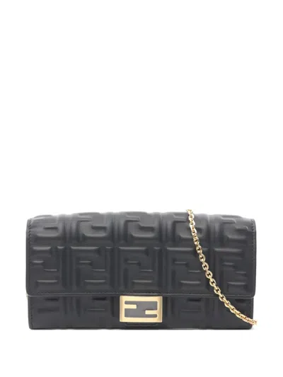 Pre-owned Fendi 2020s Baguette Ff Motif-embossed Leather Mini Bag In Black