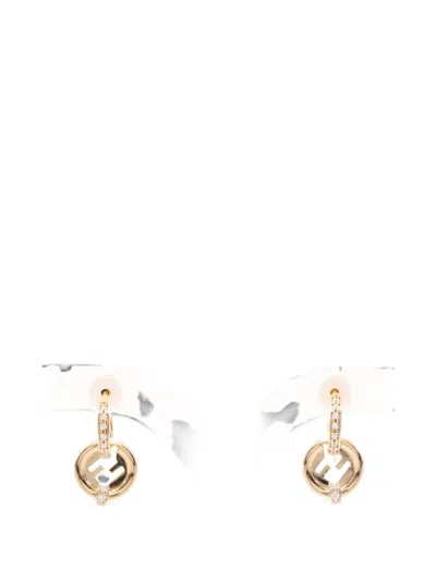 Pre-owned Fendi 2020s Everround Rhinestone Earrings In Gold