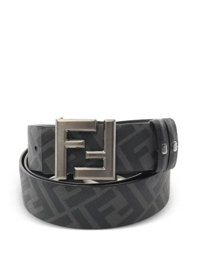 Pre-owned Fendi 2020s Ff Canvas Leather Belt In Black