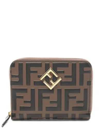 Pre-owned Fendi 2020s Ff Diamond Zipper Leather Wallet In Brown