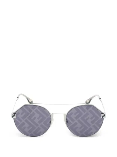 Pre-owned Fendi 2020s Ff-pattern Round Sunglasses In Silver