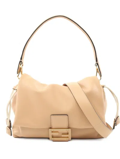 Pre-owned Fendi 2020s Medium Mamma Ruched Leather Shoulder Bag In Neutral