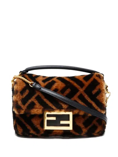 Pre-owned Fendi 2020s Mini Baguette Sheepskin Shoulder Bag In Brown