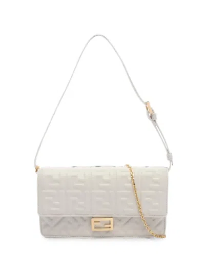 Pre-owned Fendi 2020s Wallet On Chain Baguette Embossed Shoulder Bag In Neutral