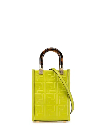 Pre-owned Fendi 2021-2024 Mini Zucca Embossed Leather Sunshine Shopper Tote Satchel In 绿色