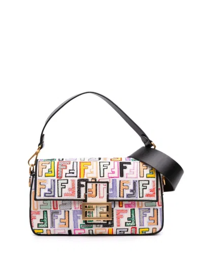 Pre-owned Fendi 2021-2025 Chinese Valentines Day Zucca Embroidered Canvas Baguette Satchel In Brown