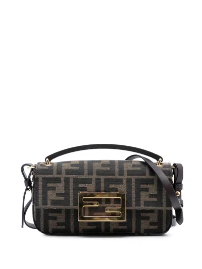 Pre-owned Fendi 2021-2025 Zucca Canvas Ff 1974 Phone Baguette Satchel In Brown