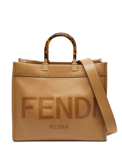 Pre-owned Fendi 2021 Medium Sunshine Leather Tote Bag In Brown