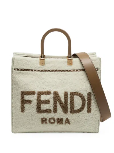 Pre-owned Fendi 2021 Medium Sunshine Shearling Tote Bag In Neutral