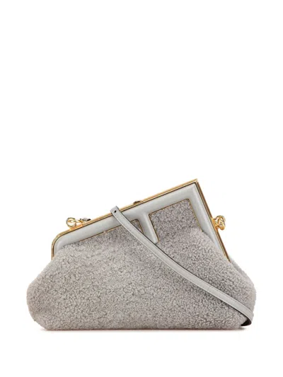 Pre-owned Fendi 2021 Small Shearling  First Crossbody Bag In Grey