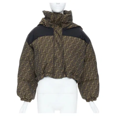 Pre-owned Fendi 2021 Zucca Brown Black Ff Monogram Canvas Crop Puffer Jacket It38 Xs