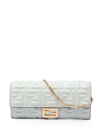 Pre-owned Fendi 2021 Zucca Embossed Nappa Baguette Continental Wallet With Chain Crossbody Bag In White
