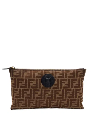 Pre-owned Fendi 2021 Zucca Zip Clutch Bag In Brown
