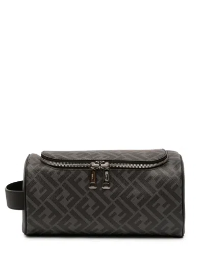 Pre-owned Fendi 2021-2026 Zucca Coated Canvas Ff Travel Essential Case Clutch Bag In Gray