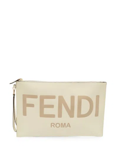 Pre-owned Fendi 2022 Large Debossed-logo Clutch Bag In Neutrals