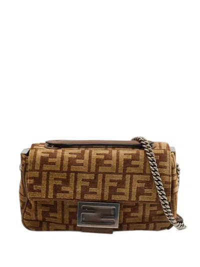 Pre-owned Fendi 2022 Midi Baguette Ff Velvet Cross Body Bag In Brown